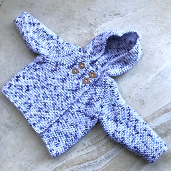 Hand knitted White, Blue Mingled Baby Boy HoodedCoat to fit from 0 - 3 months