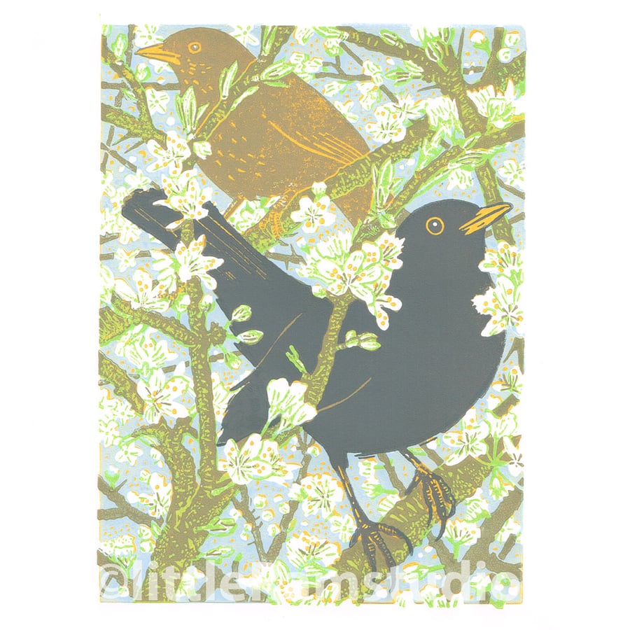 Blackthorn Blackbirds - Original hand cut limited edition linocut print