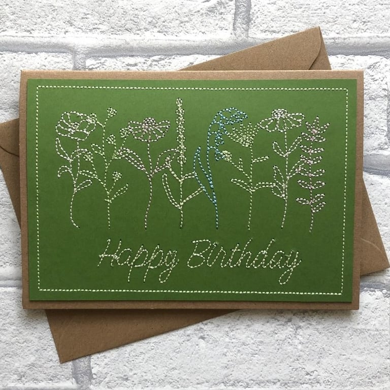 Happy Birthday Dancing Wildflowers 5x7 Embroidered Kraft Card Homemade