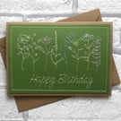 Happy Birthday Dancing Wildflowers 5x7 Embroidered Kraft Card Homemade