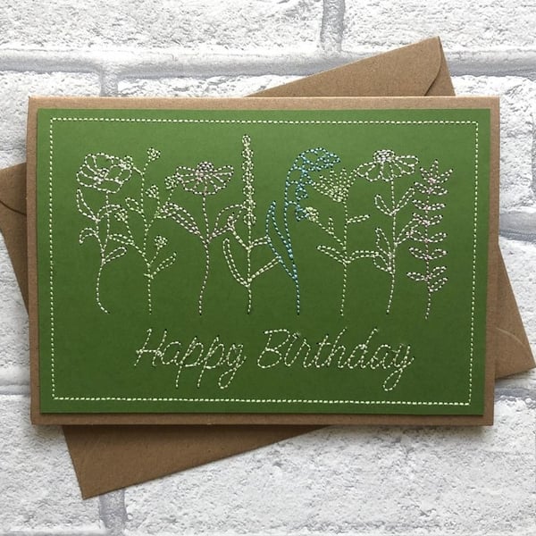 Happy Birthday Dancing Wildflowers 5x7 Embroidered Kraft Card Homemade