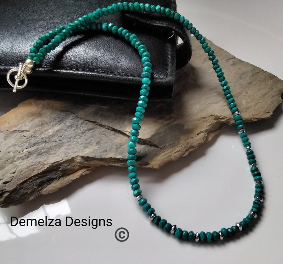 40cts Dyed Blue-Green Magnasite & Silver Plated Heamotite Necklace
