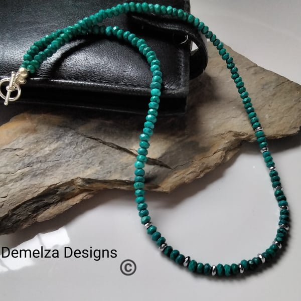 40cts Dyed Blue-Green Magnasite & Silver Plated Heamotite Men's Necklace