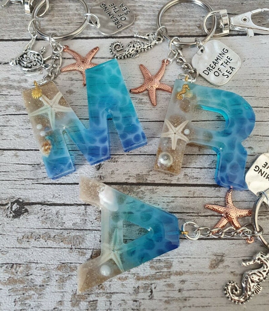 Personalized Beach Themed Resin Initial keyring, bag purse charms