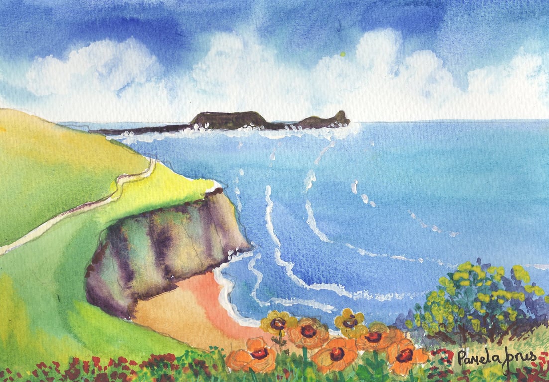 Worms Head, Rhossili Bay, Gower - Original watercolour in 14 x 11 '' Mount
