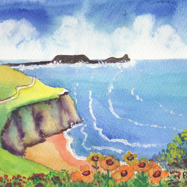 Worms Head, Rhossili Bay, Gower - Original watercolour in 14 x 11 '' Mount
