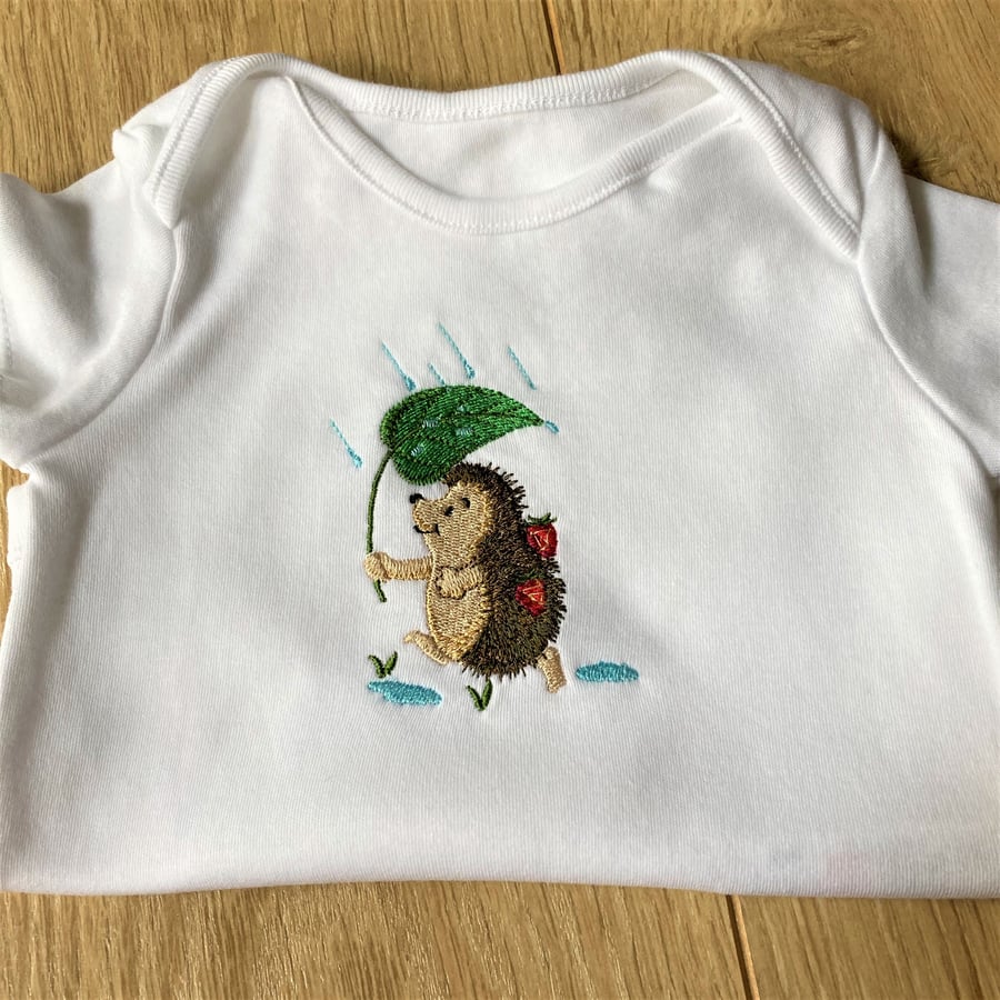 6 - 9 months Baby Body suit with machine embroidery hedgehog motif