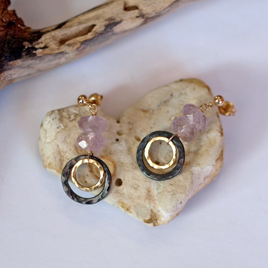 Black and gold ring earrings with ametrine - Handmade dangle earrings