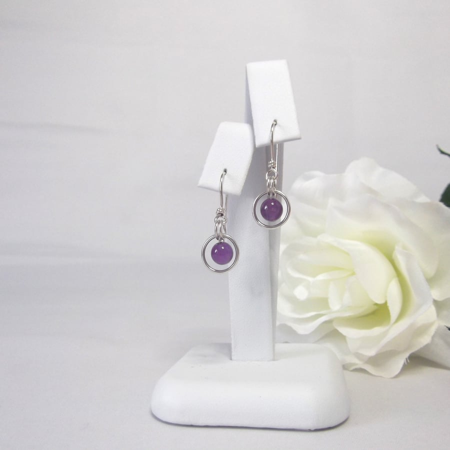Amethyst gemstone dangle earrings bead surrounded by ring of recycled silver 