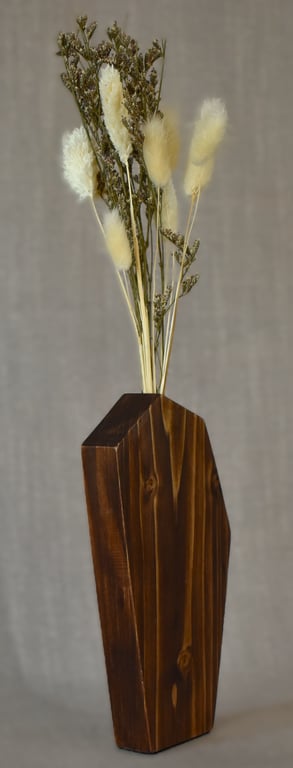 Tall Angular Wood Vase & Dried Flowers