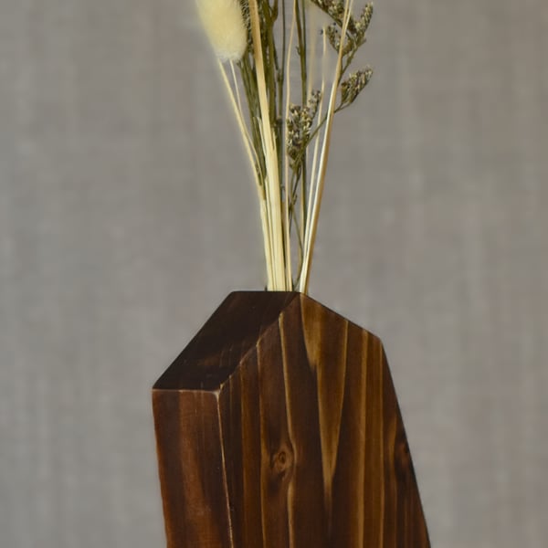 Tall Angular Wood Vase & Dried Flowers