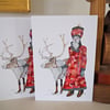 Father Christmas and Reindeer cards. Pair of 5x7 inch cards