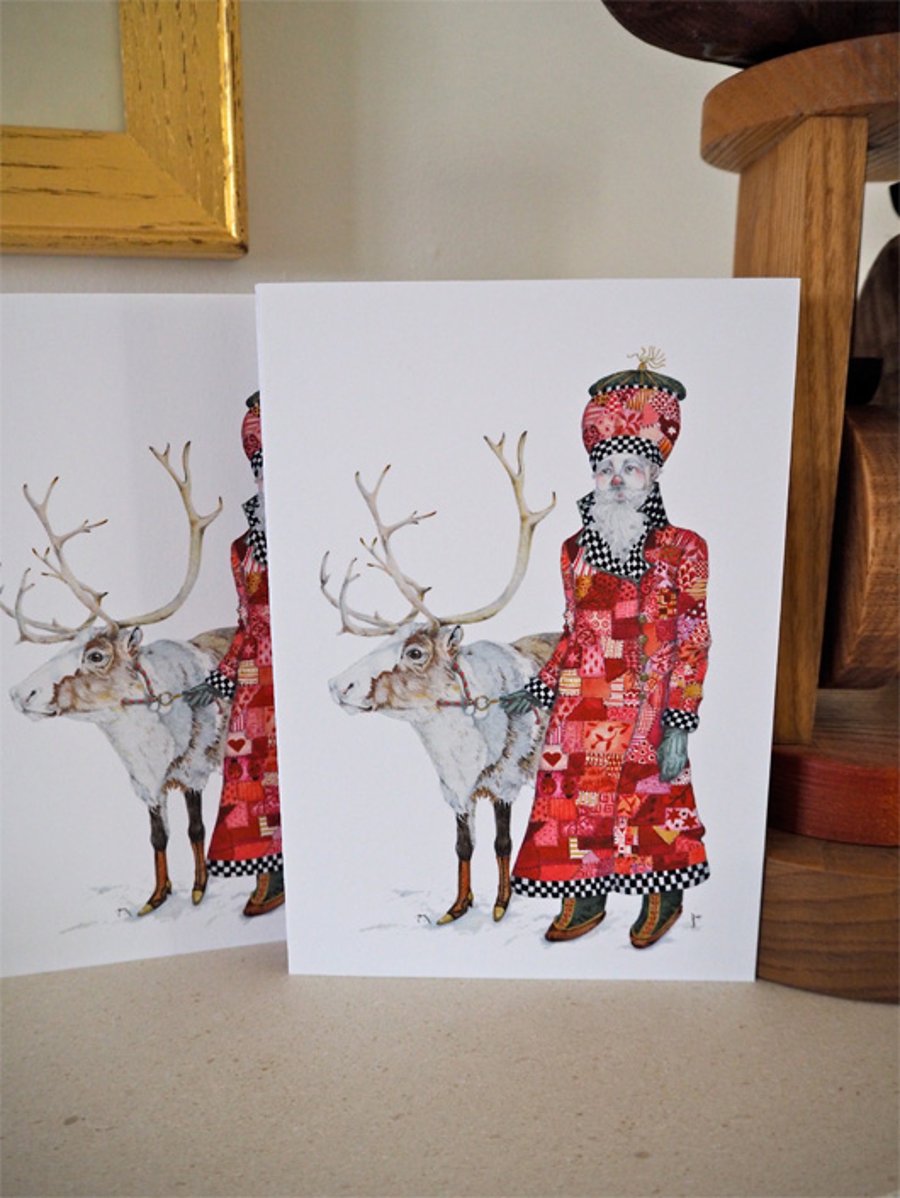 Father Christmas and Reindeer cards. Pair of 5x7 inch cards