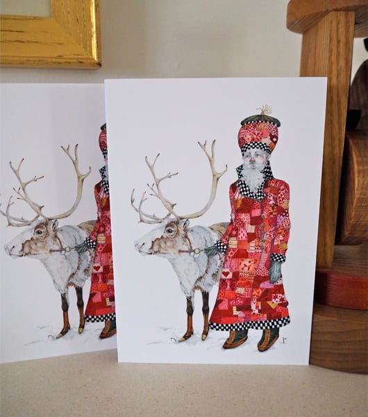 Father Christmas and Reindeer cards. Pair of 5x7 inch cards