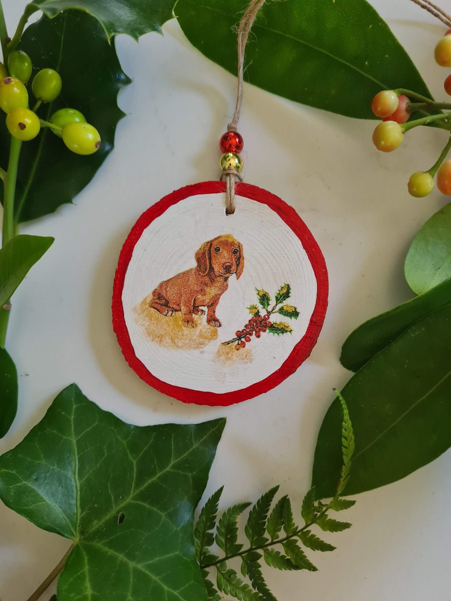 Christmas decoration dachshund dog wood slice hanging decoration