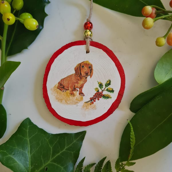 Christmas decoration dachshund dog wood slice hanging decoration