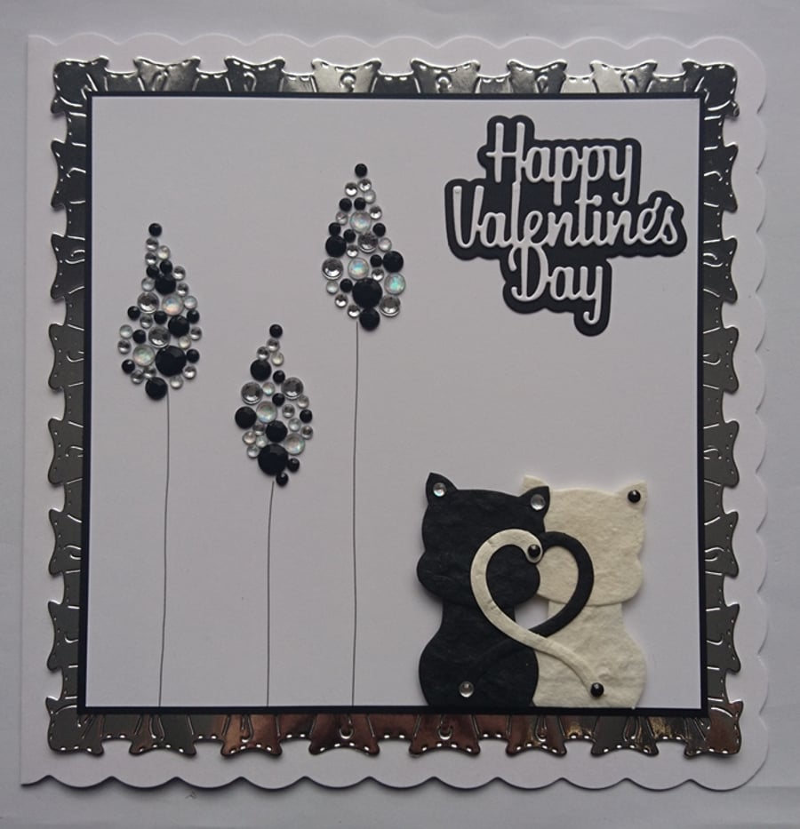 Valentine's Day Card Black and White Love Cats 3D Luxury Handmade 