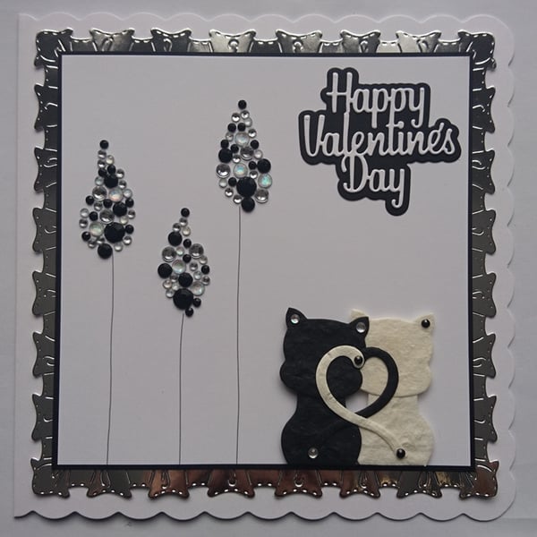 Valentine's Day Card Black and White Love Cats 3D Luxury Handmade 