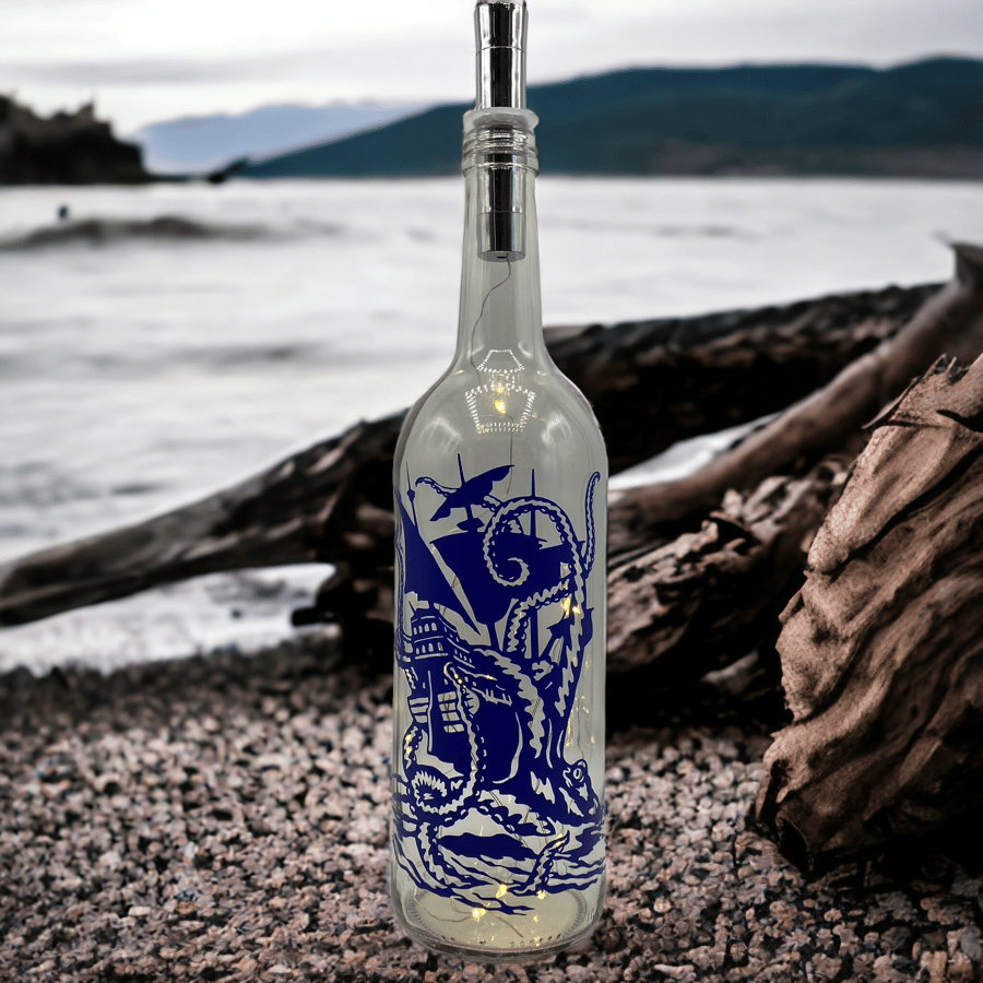 Bottle with Lights and Giant Kraken, Nautical Vinyl Art: