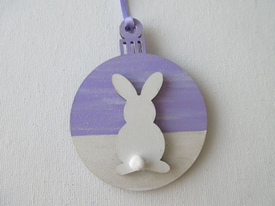 Hanging Decoration Christmas Tree Bauble Bunny Rabbit Lilac White Snow Scene