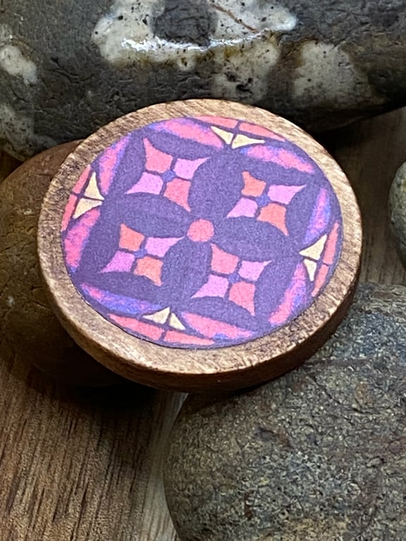 Pink Geometric patterned wood pin brooch perfectly imperfect