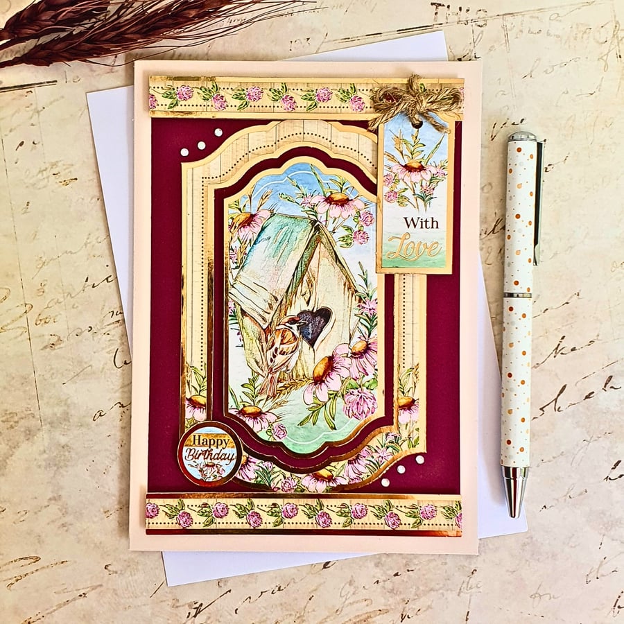 Birthday Card with a Finch garden bird & birdhouse, For Grandad, Nan