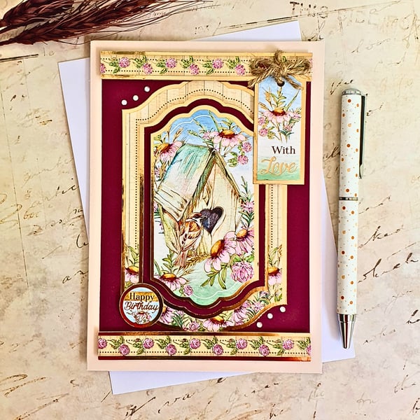 Birthday Card with a Finch garden bird & birdhouse, For Grandad, Nan