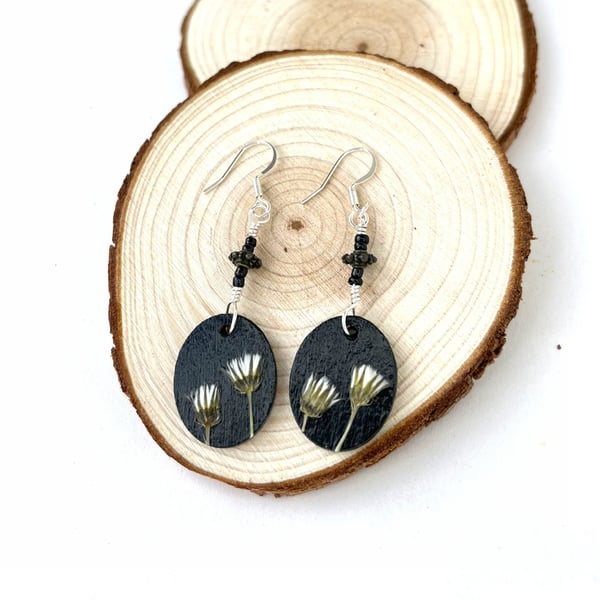 Real Pressed Flower Seedheads Black Sliver Plated Dangle Wood and Bead Earrings