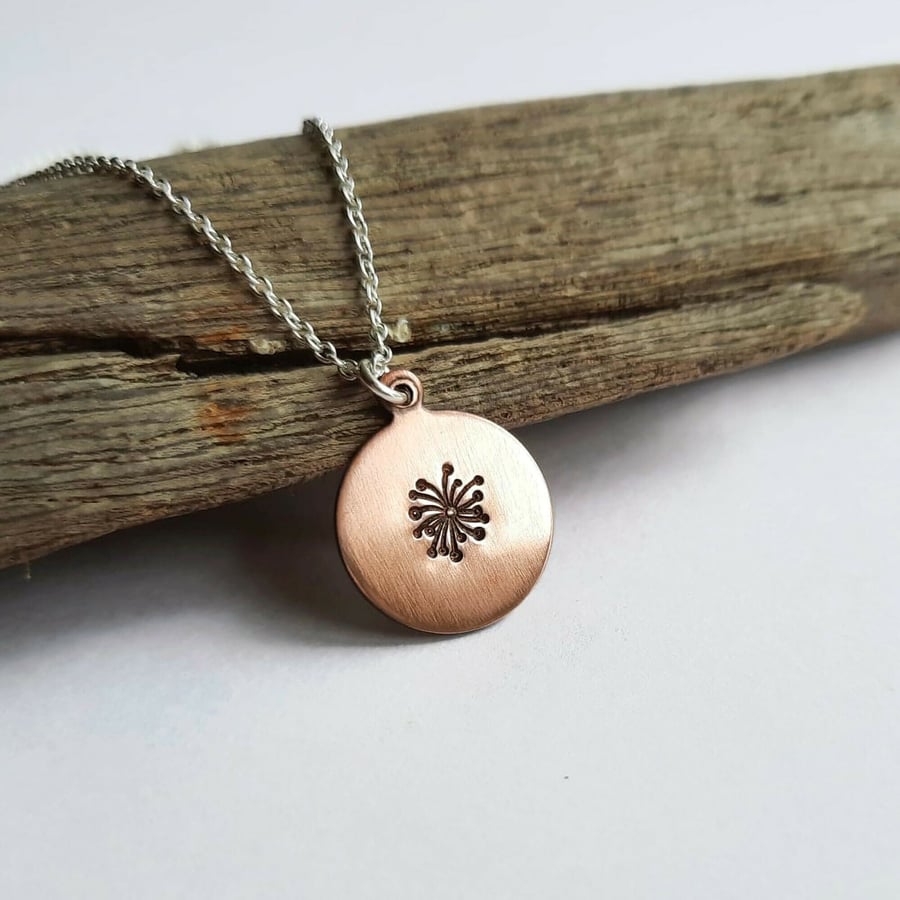 Copper Hand Stamped Dandelion Necklace on Sterling Silver Chain