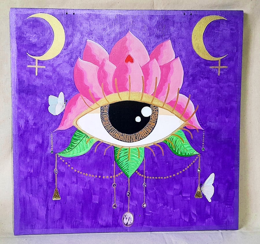 Pink Lotus and Protective Eye on Hand Painted Wood Panel - Peace & Protection