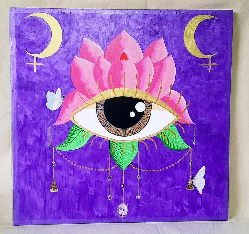 Pink Lotus and Protective Eye on Hand Painted Wood Panel - Peace & Protection