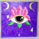 Pink Lotus and Protective Eye on Hand Painted Wood Panel - Peace & Protection