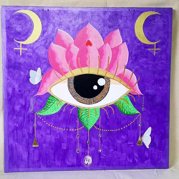 Pink Lotus and Protective Eye on Hand Painted Wood Panel - Peace & Protection