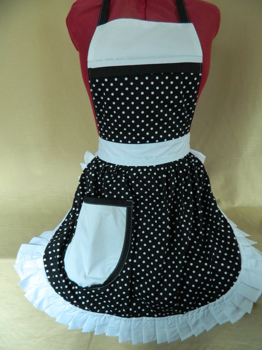 Vintage 50s Style Full Apron Pinny - Black & White Polka Dot with White Trim