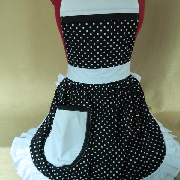 Vintage 50s Style Full Apron Pinny - Black & White Polka Dot with White Trim