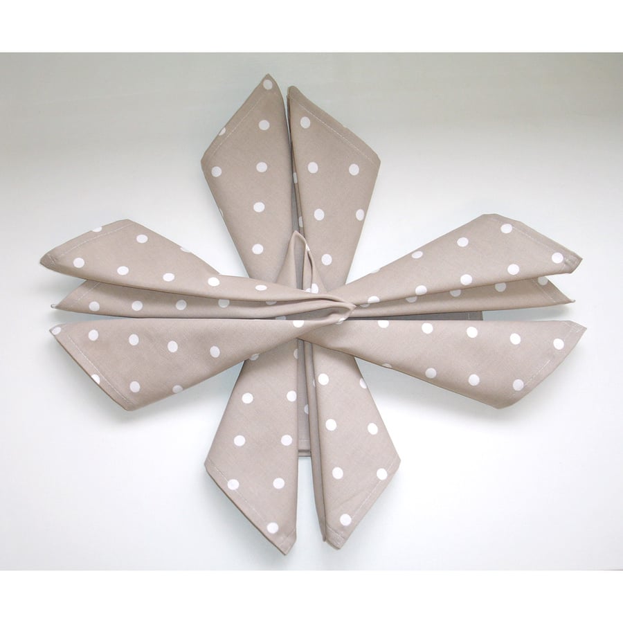 Napkins x 4 Beige Brown White Polka Dot 18" Serviettes Washable Cotton Cloths