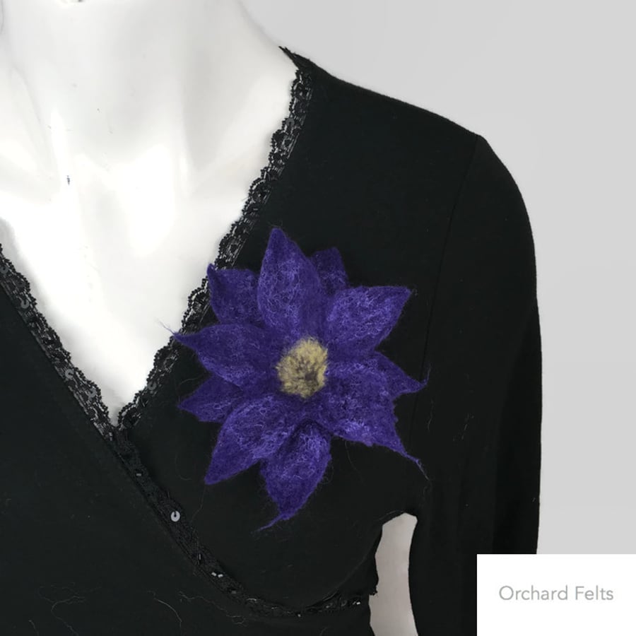 Felted flower brooch, corsage, lapel pin, decorative accessory in purple