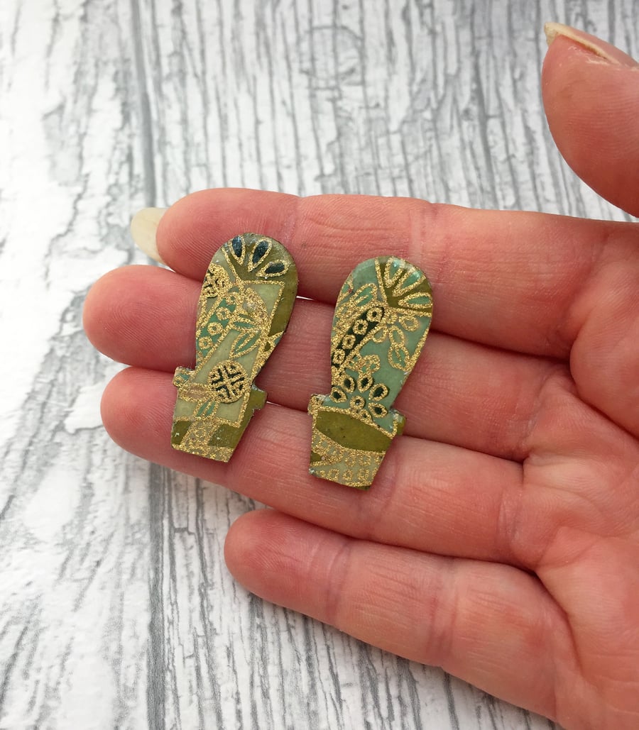 Cactus stud earrings with Japanese leafy Washi paper
