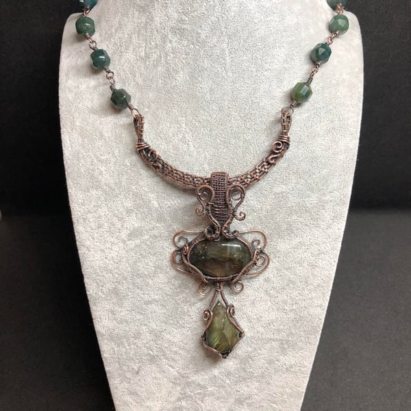 Midnight Labradorite Wire Wrapped Necklace with Phantom Quartz on Copper, handma