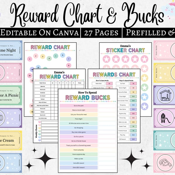 Editable Kids reward bucks and chart, Mom bucks chart, Digital Download