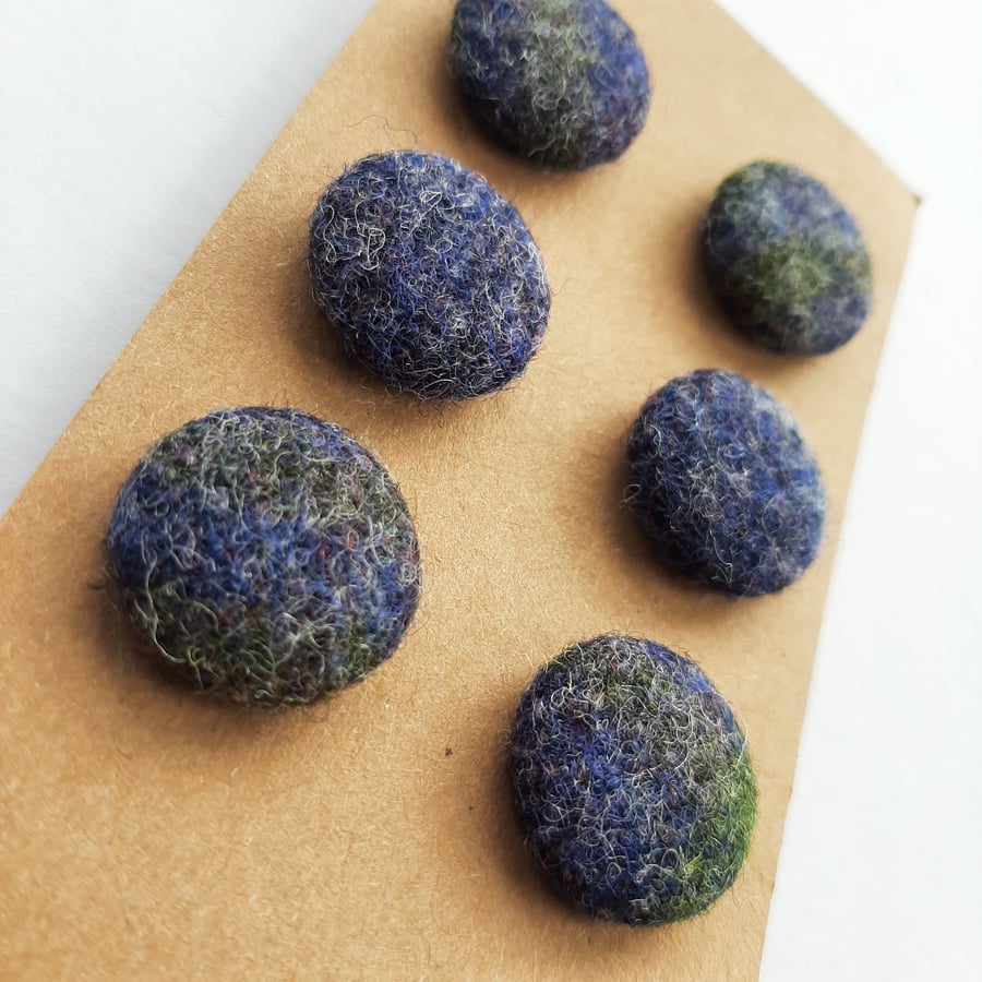 Set of six scrap bag buttons - blue, purple and green tweed fabric