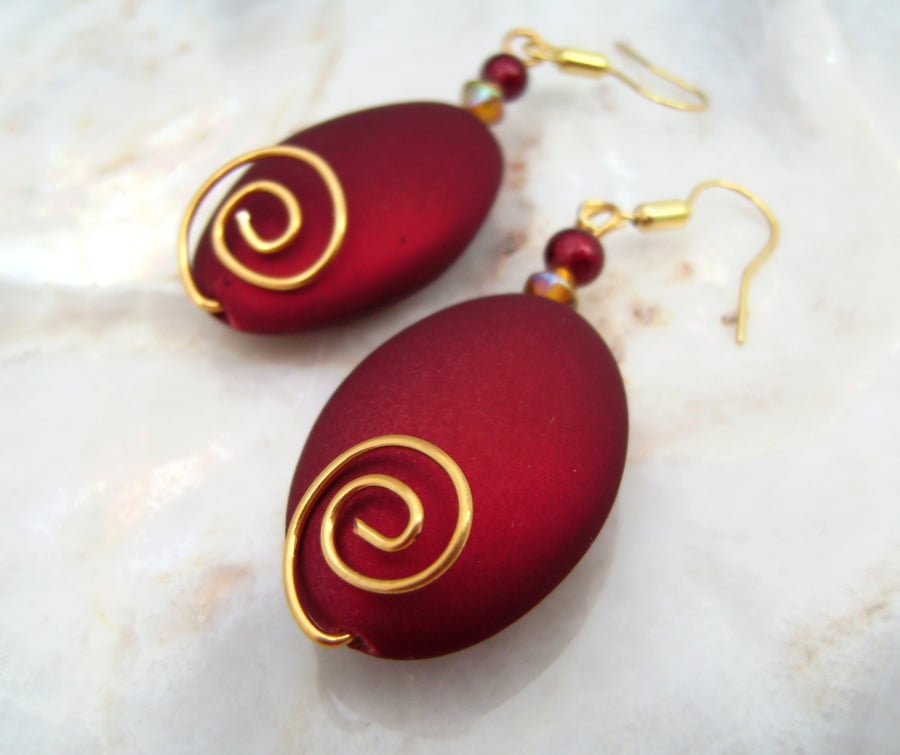 Spiral Wire & Red Acrylic Bead Earring