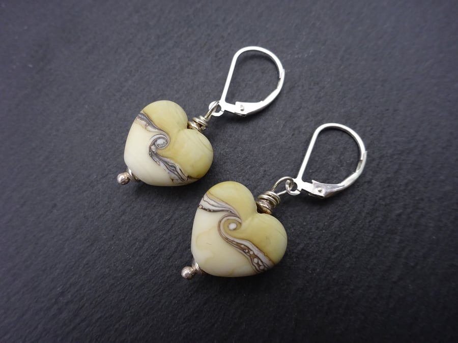 pale brown hearts lampwork glass and sterling silver lever back earrings