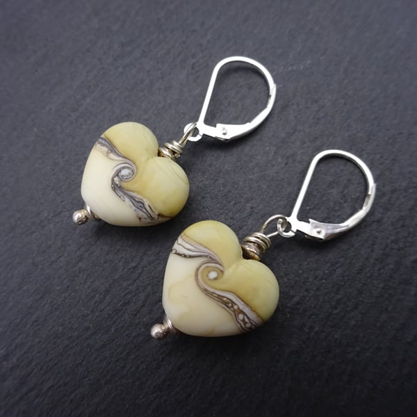pale brown hearts lampwork glass and sterling silver lever back earrings