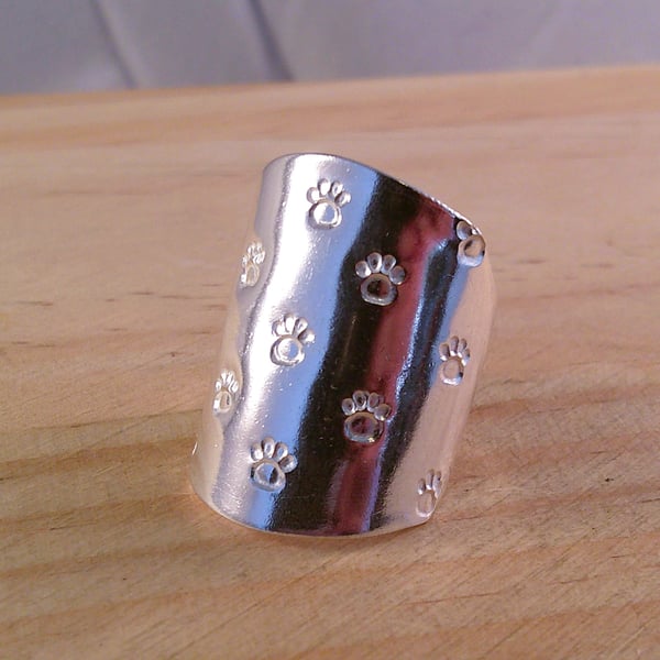 Upcycled Sterling Silver Paw Stamped Spoon Bowl Adjustable Ring (SKU060525)