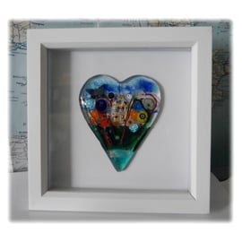 Flower Garden Heart in Box Frame Fused Glass Picture 010 