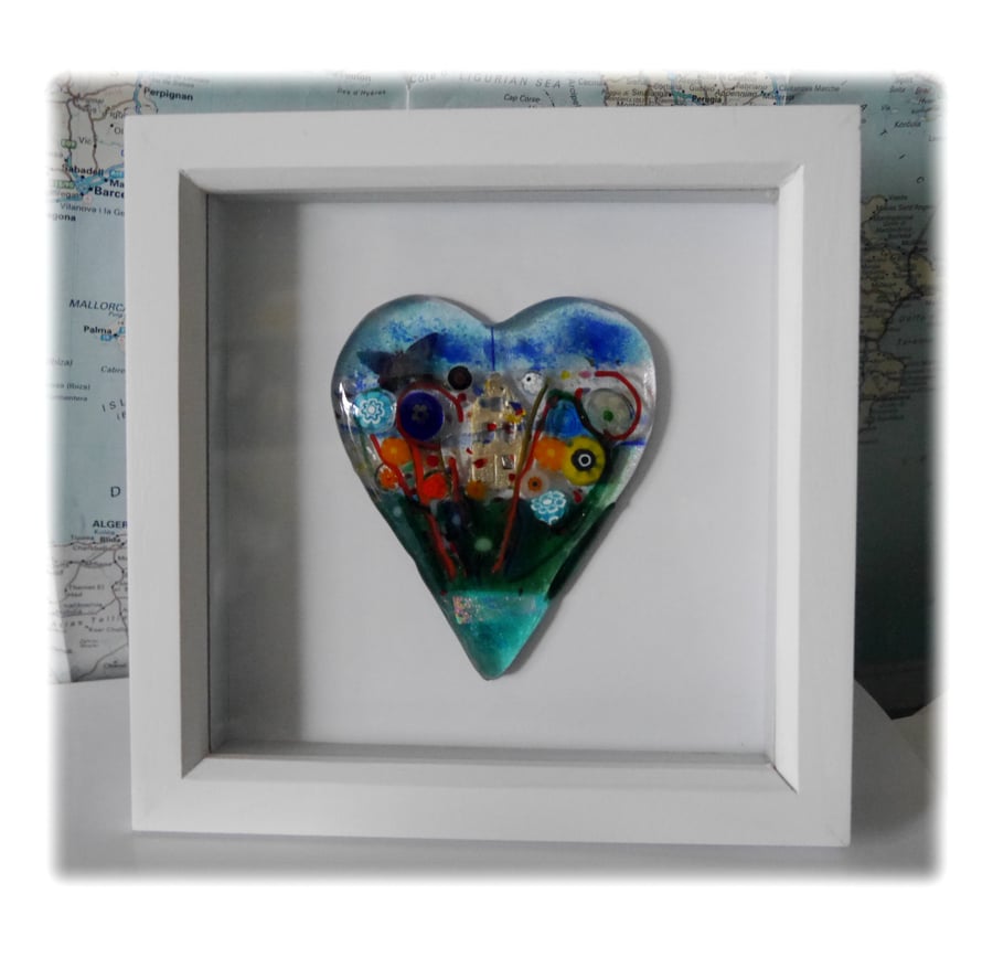 Flower Garden Heart in Box Frame Fused Glass Picture 010 