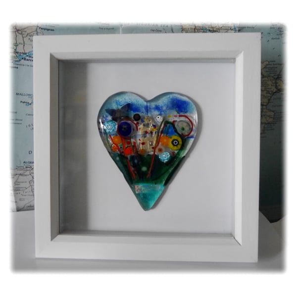 Flower Garden Heart in Box Frame Fused Glass Picture 010 
