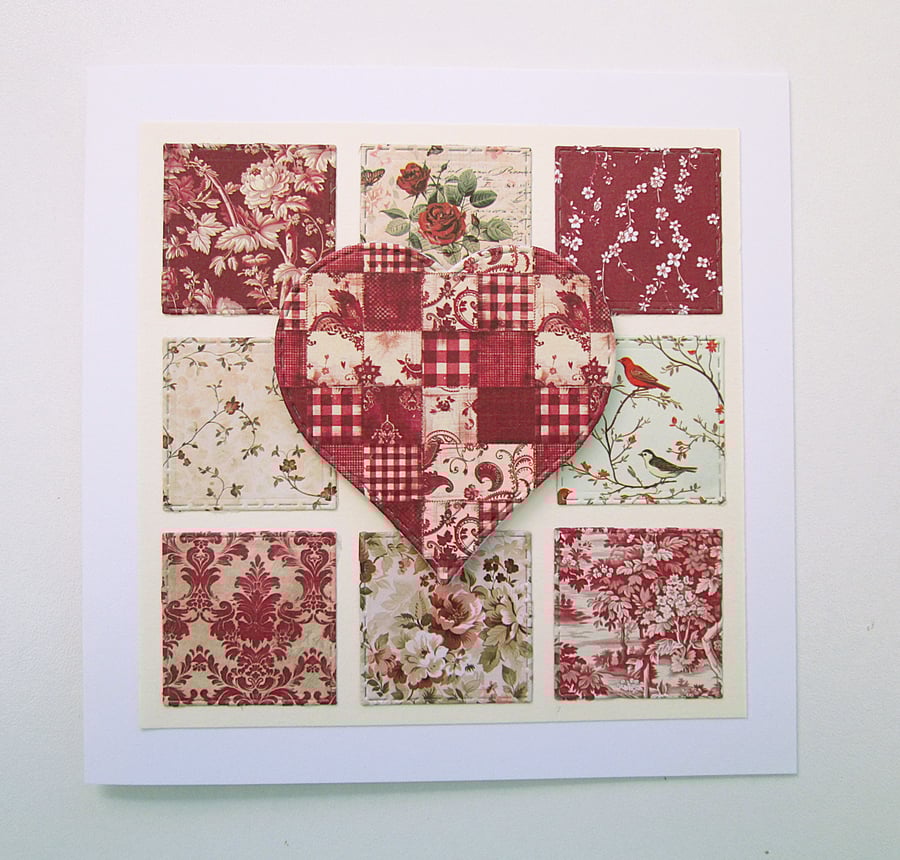 Patchwork red floral heart card for Valentines, a wedding or an anniversary