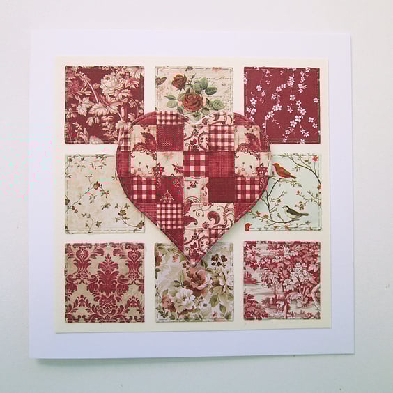 Patchwork red floral heart card for Valentines, a wedding or an anniversary